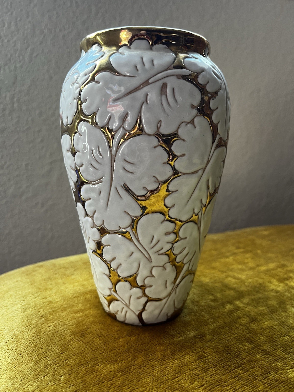 Vtg Mid Century Italian Ceramic Leaf Vase Gold Gilt Sgraffito Made In Italy