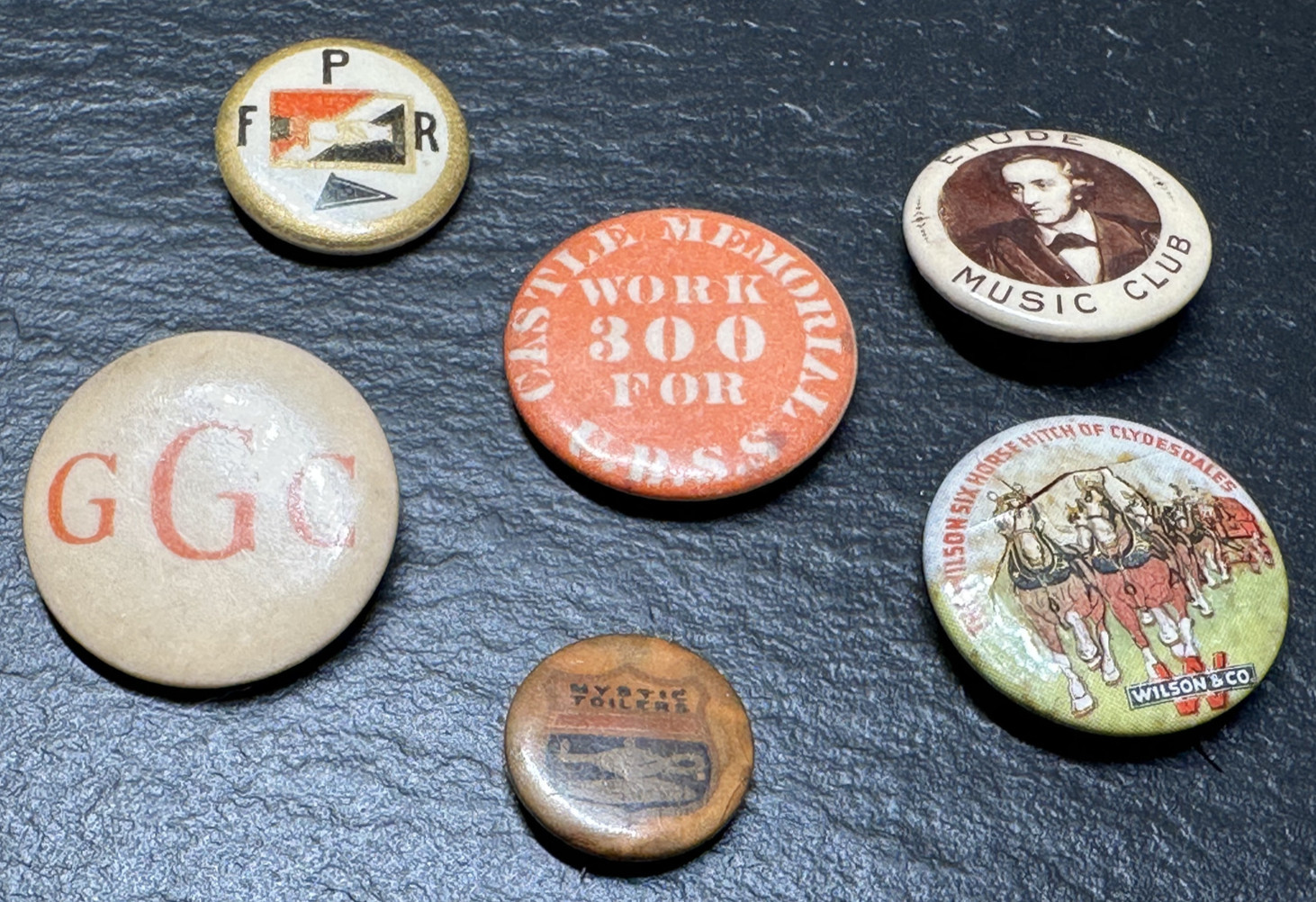 SIX ANTIQUE CELLULOID PINS: UNION, CLUB, BUSINESS G1