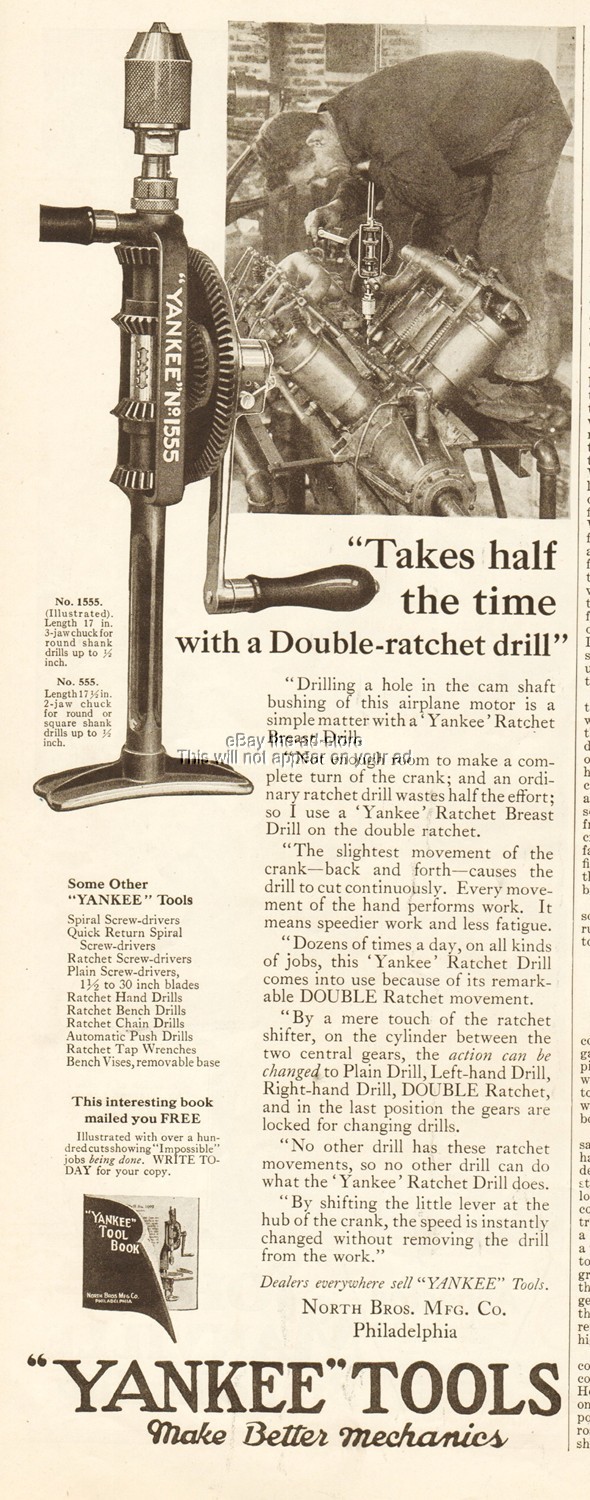 1921 Yankee Tools Ratchet Breast Drill No 1555 North Brothers Philadelphia PA Ad