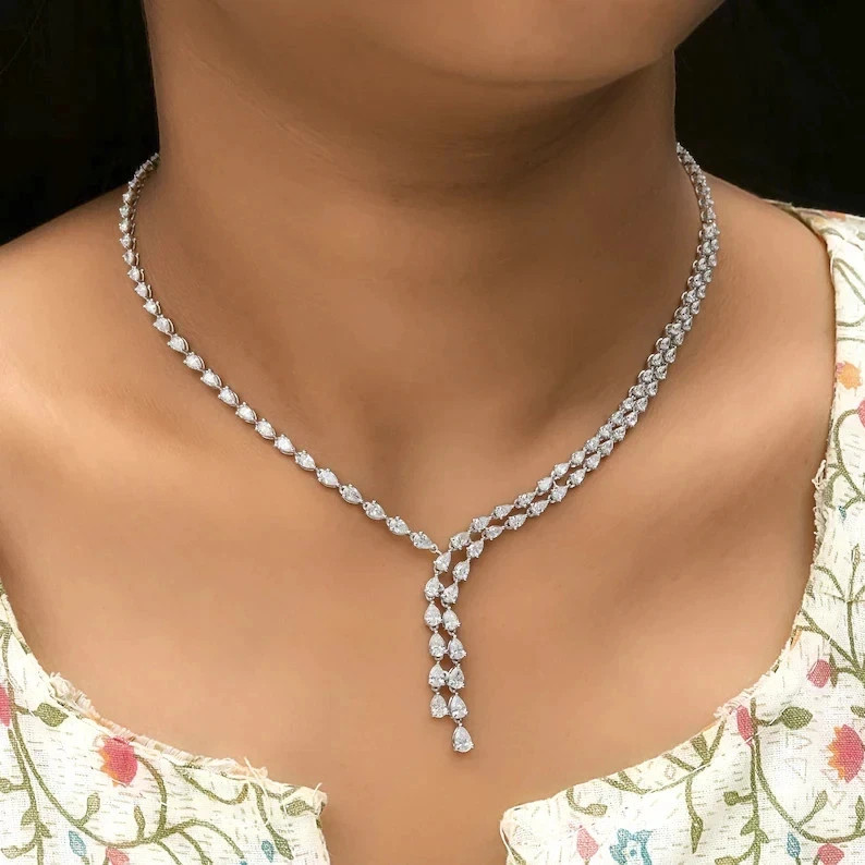 16.40Ct Pear Cut Diamond Bridal Lariat Necklace in 14K White Gold Over 16\
