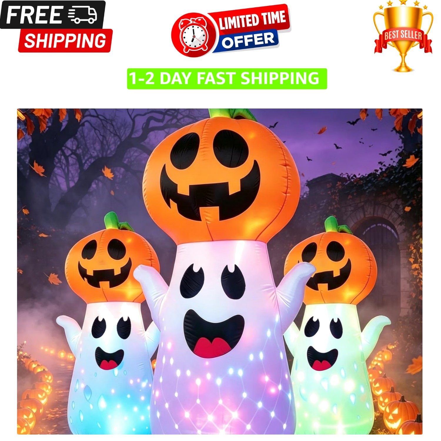 Adorable Light-Up Ghost with Pumpkin Head - Halloween Inflatable Lawn Decor