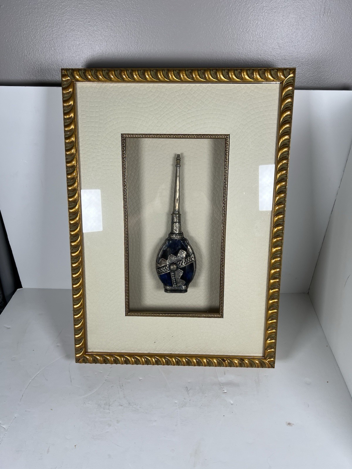 Vintage Deep Blue Moraccan Perfume Sprinkler With Silver Overlay In 3D Frame