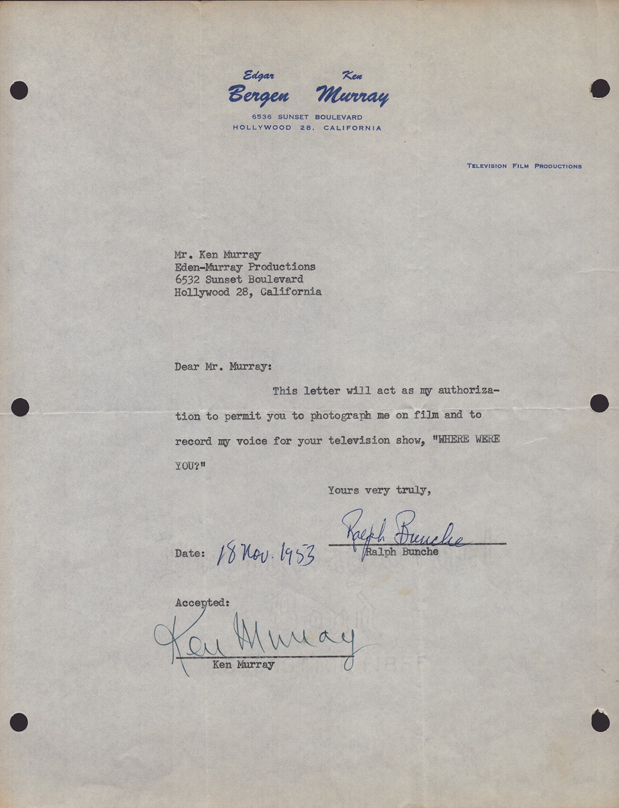RALPH J. BUNCHE - DOCUMENT SIGNED 11/18/1953 CO-SIGNED BY: KEN MURRAY
