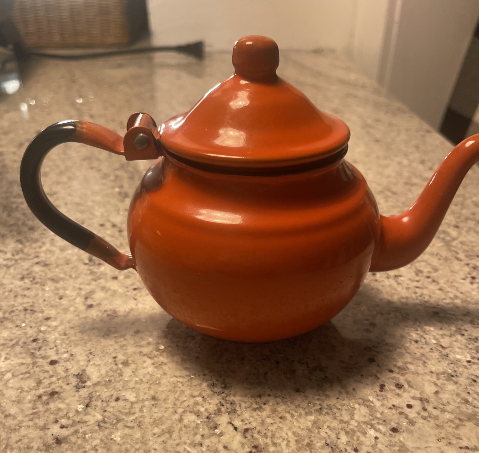Vintage Enamel Kettle Teapot Mid Century Small Orange Black Rim Small ~ Clean 👀