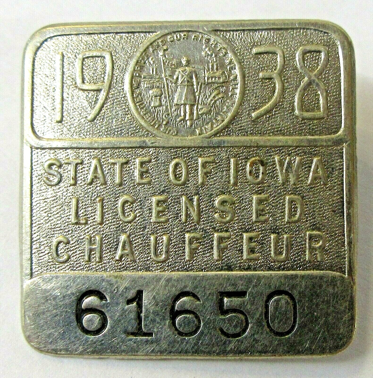 1938 IOWA Licensed Chauffeur metal badge pinback pin ^