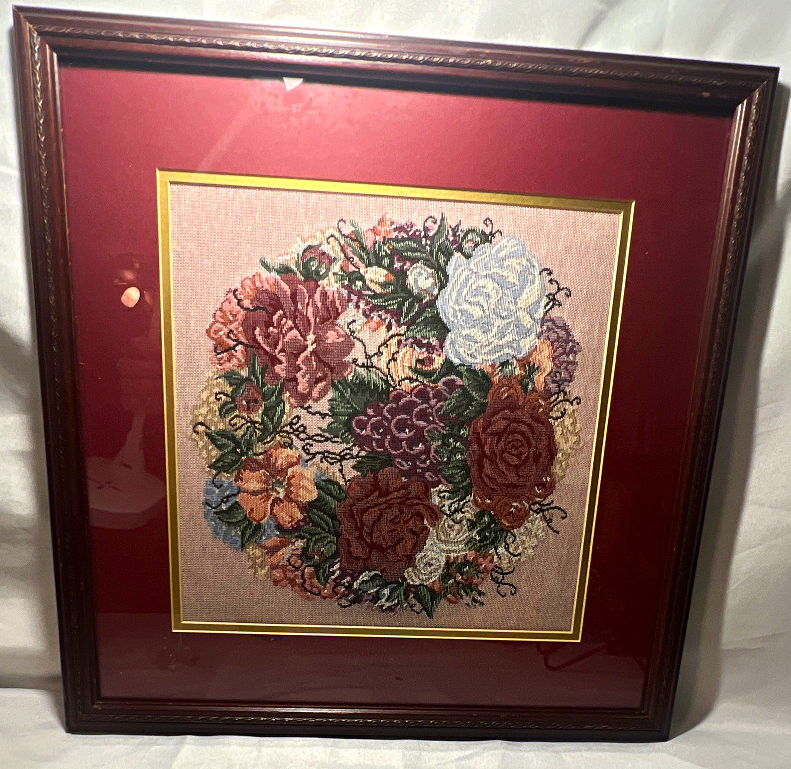 Vintage Floral Bouquet Framed Tapestry Wall Hanging Square Frame Burgundy Mat