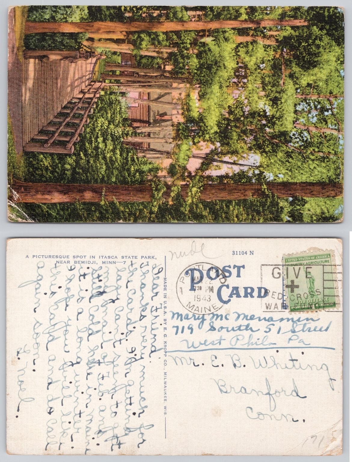 Itasca State Park Minnesota Scenic Linen Postcard 1943 E. C. Kropp Co.