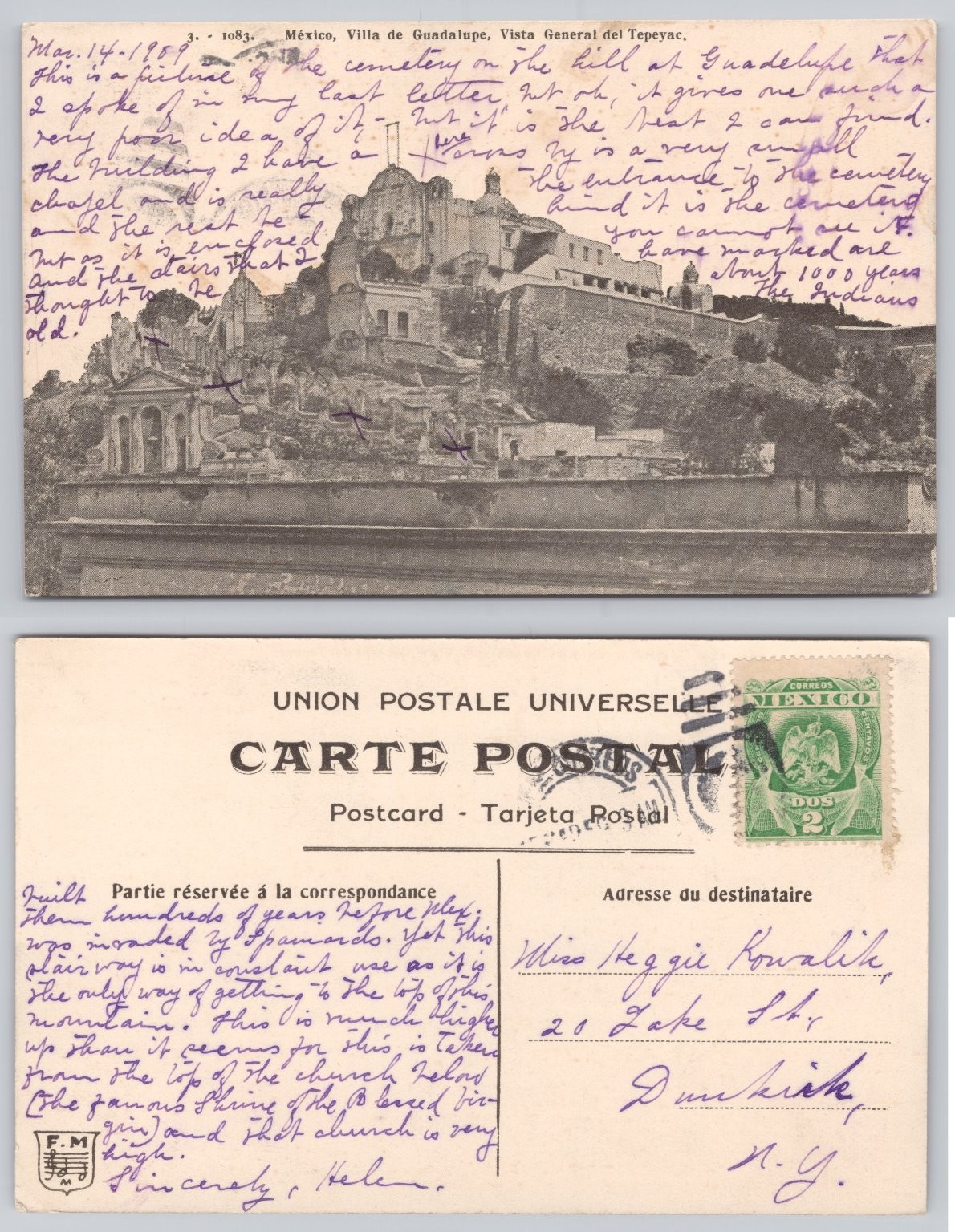 1909 Mexico Villa de Guadalupe Vista General del Tepeyac Postcard