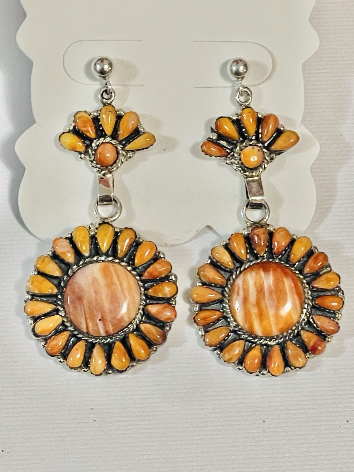 VTG Native American Navajo Sterling Orange Spiny Oyster Cluster Dangle Earrings