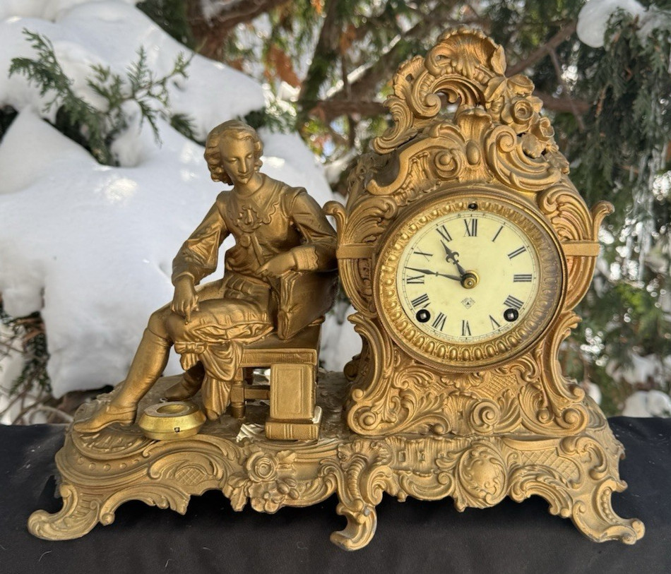 Antique C 1903 Ansonia ARTIST Figural Statue Mantle Clock - VIDEO - ALL ORIGINAL