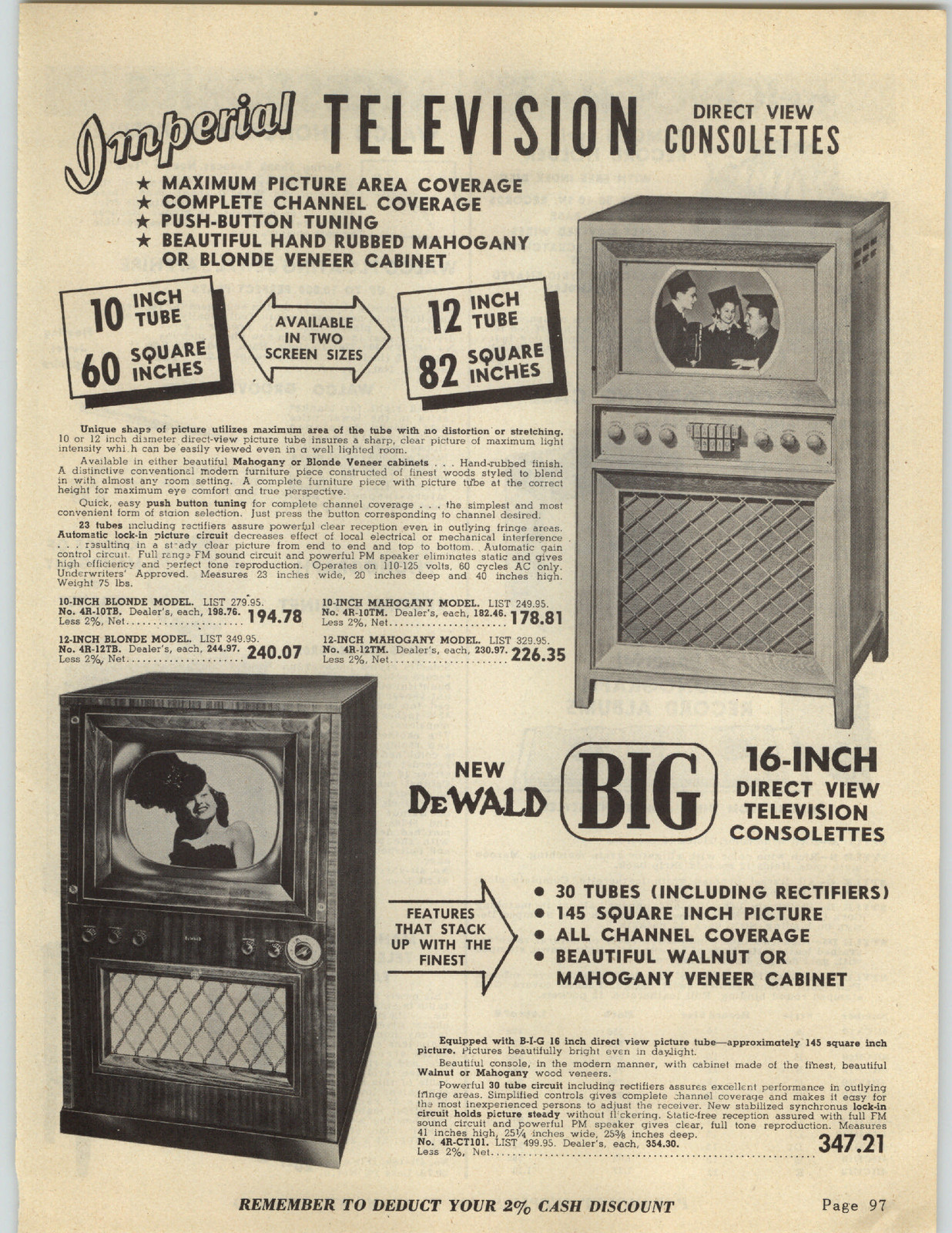 1949 PAPER AD Imperial TV Television DeWalt 12