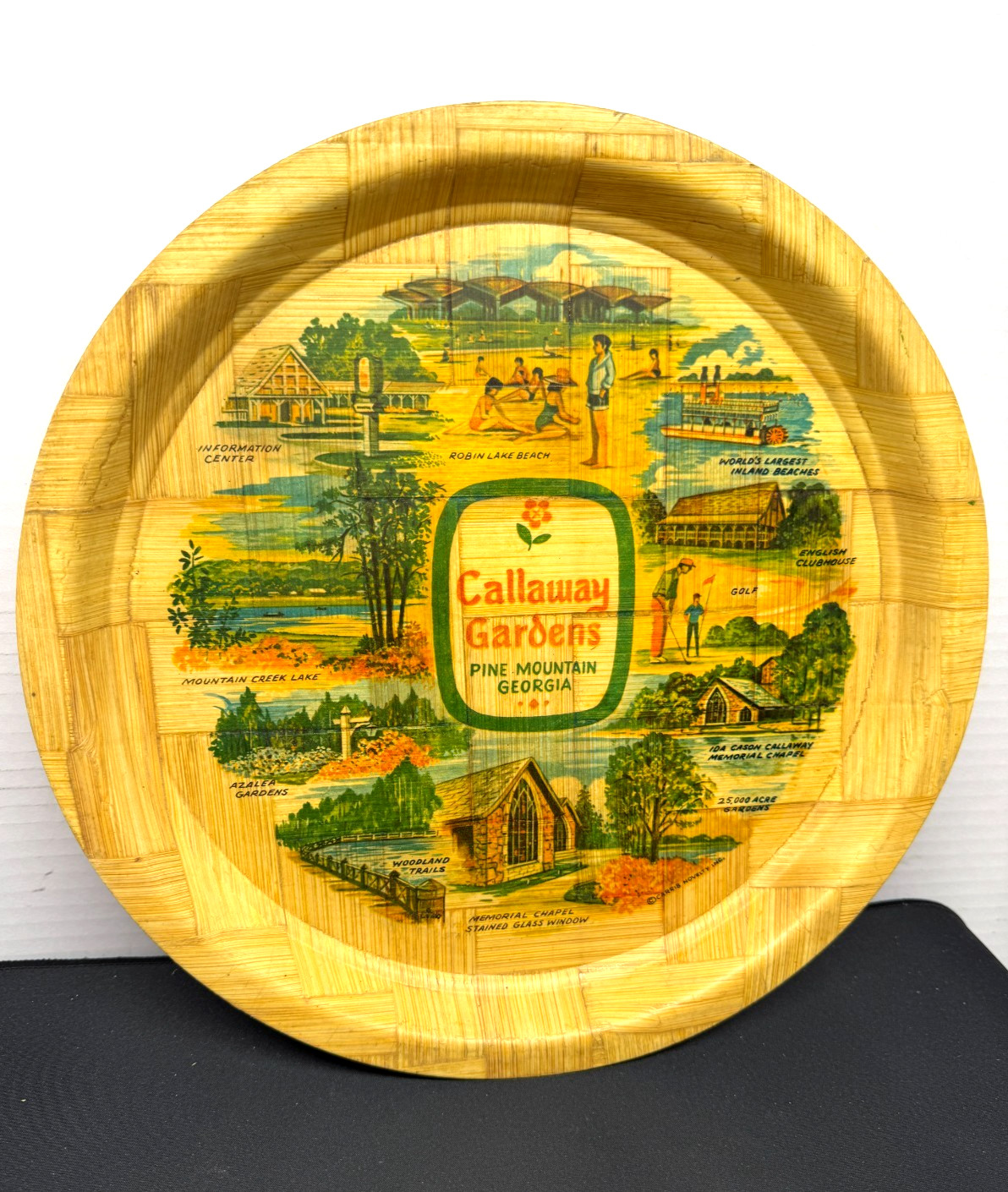 Vintage Callaway Gardens Bamboo Round Serving Tray Pine Mountain