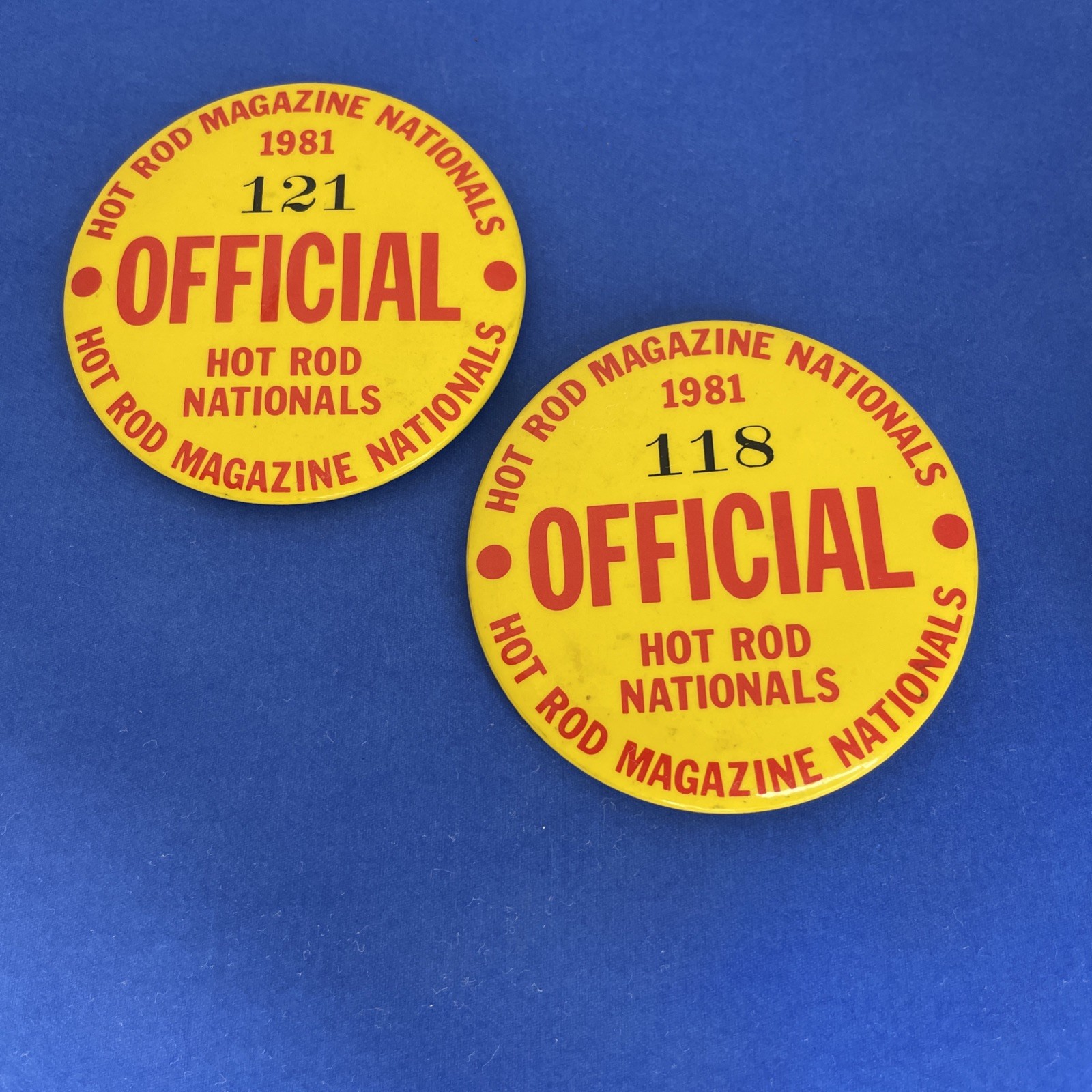 Vtg 1981 Hot Rod Magazine Nationals Official Pin Pinback #118 #121 Rare