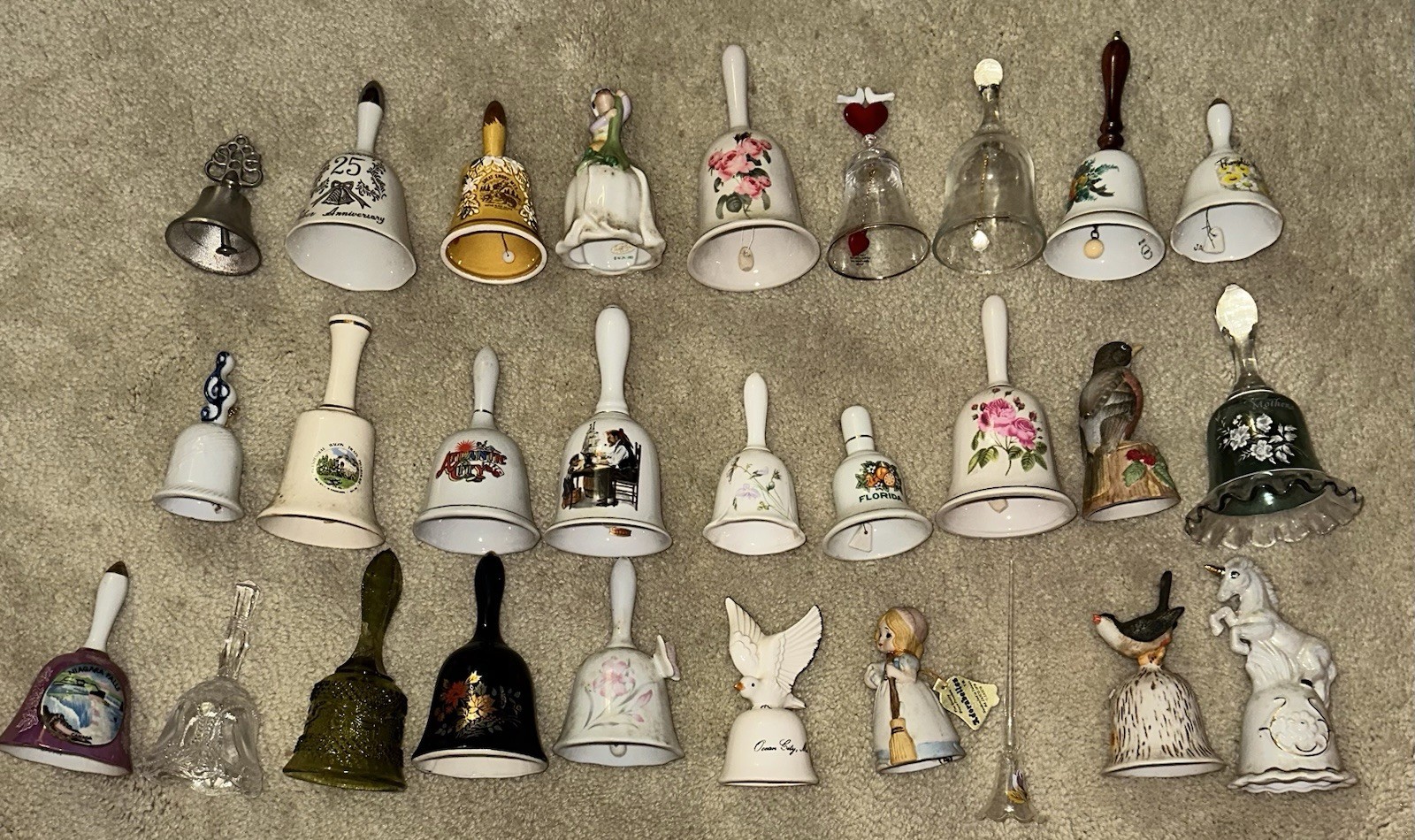 VTG 28 Hand Bell Decorative Collection - Ceramic Porcelain Glass And Metal