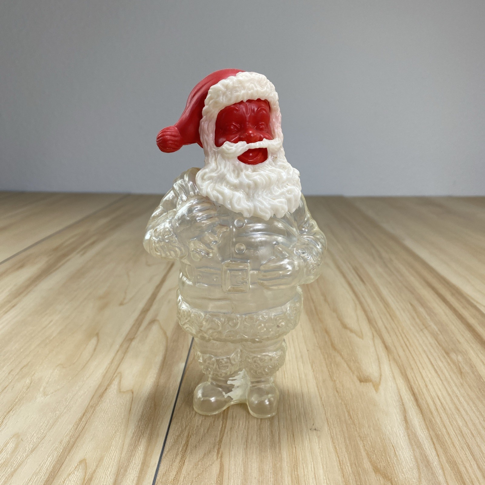 Original VTG Clear Plastic Santa Candy Container/Bank  with Red Head Hong Kong