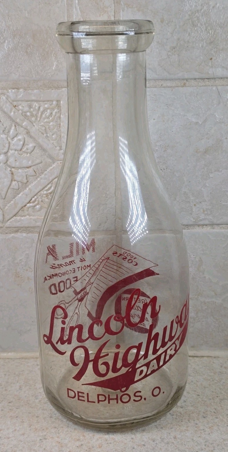 Vintage Lincoln Highway Dairy Delphos Ohio One Quart Bottle Red Pyro Vintage Lincoln Highway Dairy Delphos Ohio One Quart Bottle Red Pyro