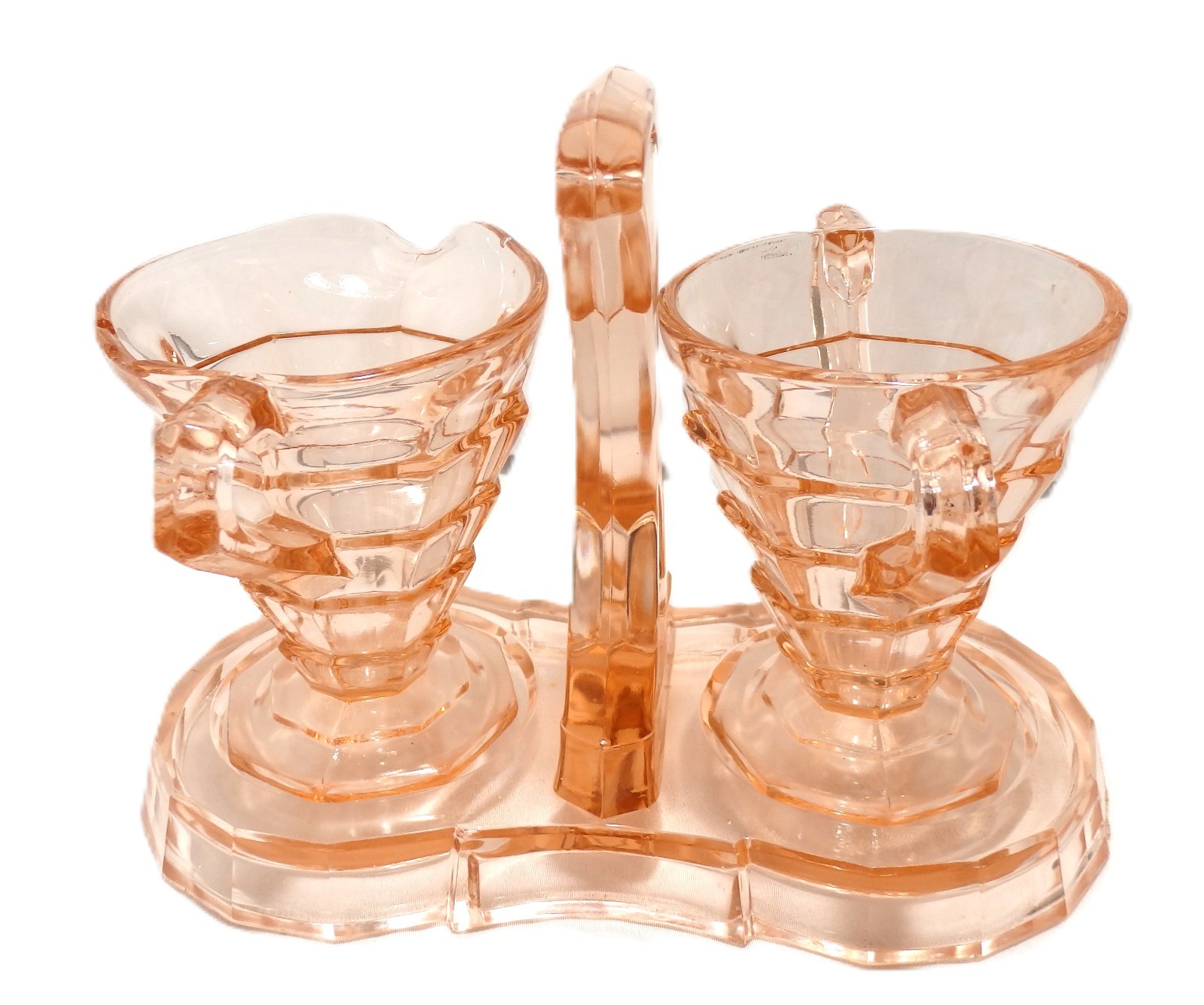 Vintage Pink Depression Glass Creamer Sugar Set with Center Handle Tray As Is