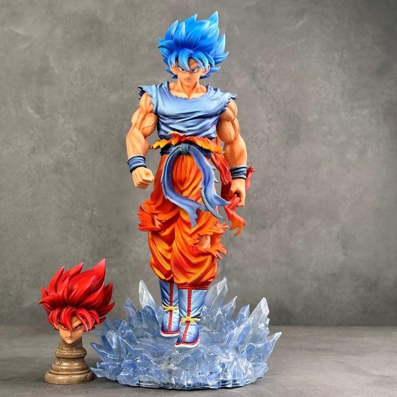 33CM Dragon Ball Son Goku Figure Statue Super Saiyan Blue Red Hair Anime LED