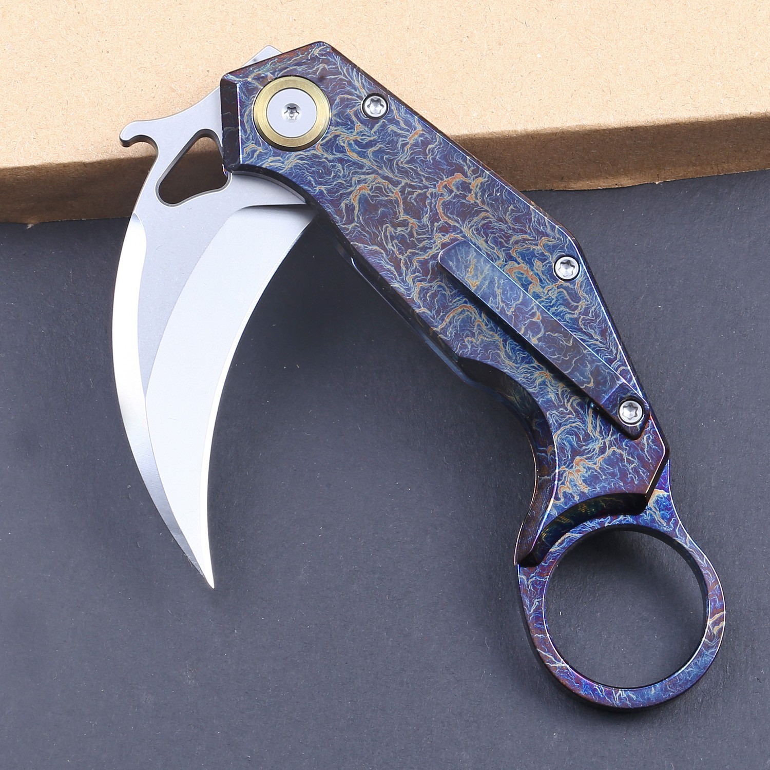 Blue Anodized Titanium Handle Claw Pocket Folding Knife Combat Karambit Flipper