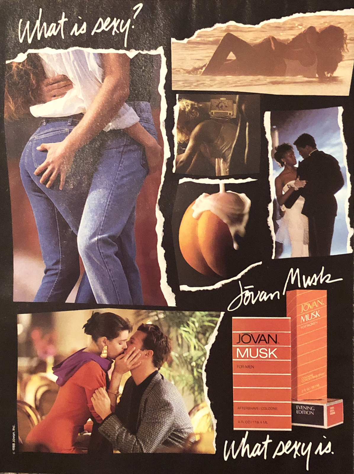 1988 Jovan Musk PRINT AD Beach Kiss / Dance / Peach Cream VTG 80s What Is Sexy?