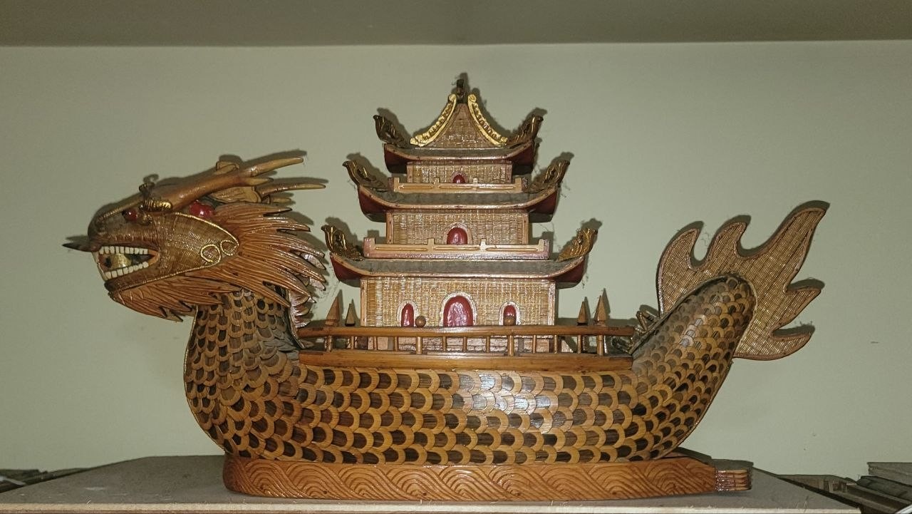 Chinese Emperor Dragon River-boat, carved bamboo&woven rattan, 1970s
