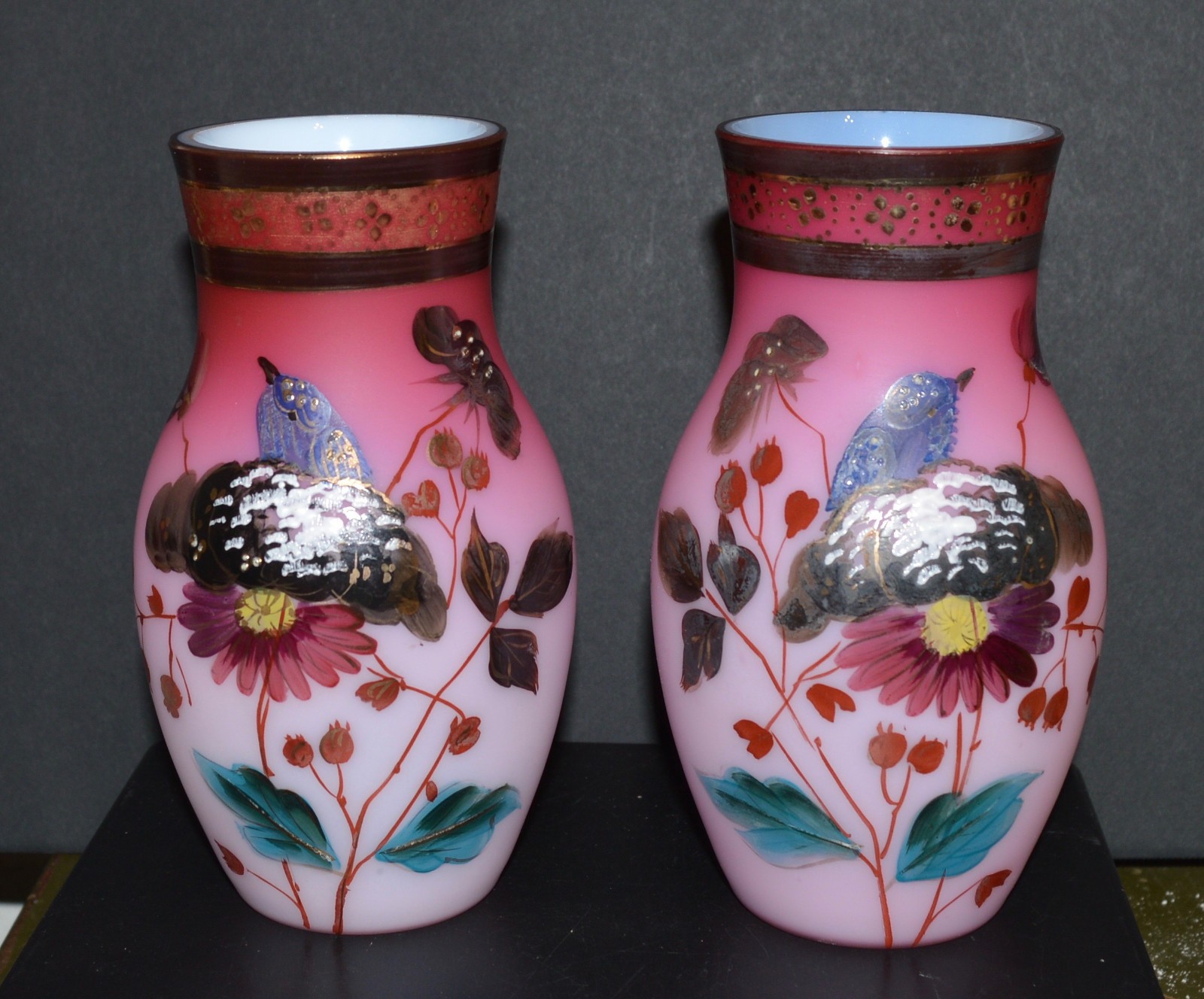 Antique  Pair of Thomas Webb / Bohemian By Harrach Peachblow Vases - 1880 -90
