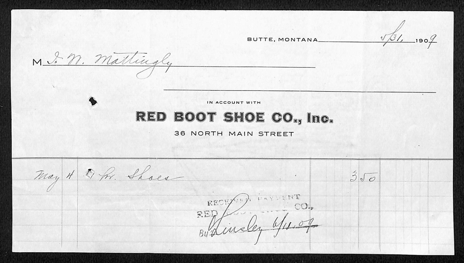 1909 Red Boot Shoe Co. Butte, MT Billhead - Scarce
