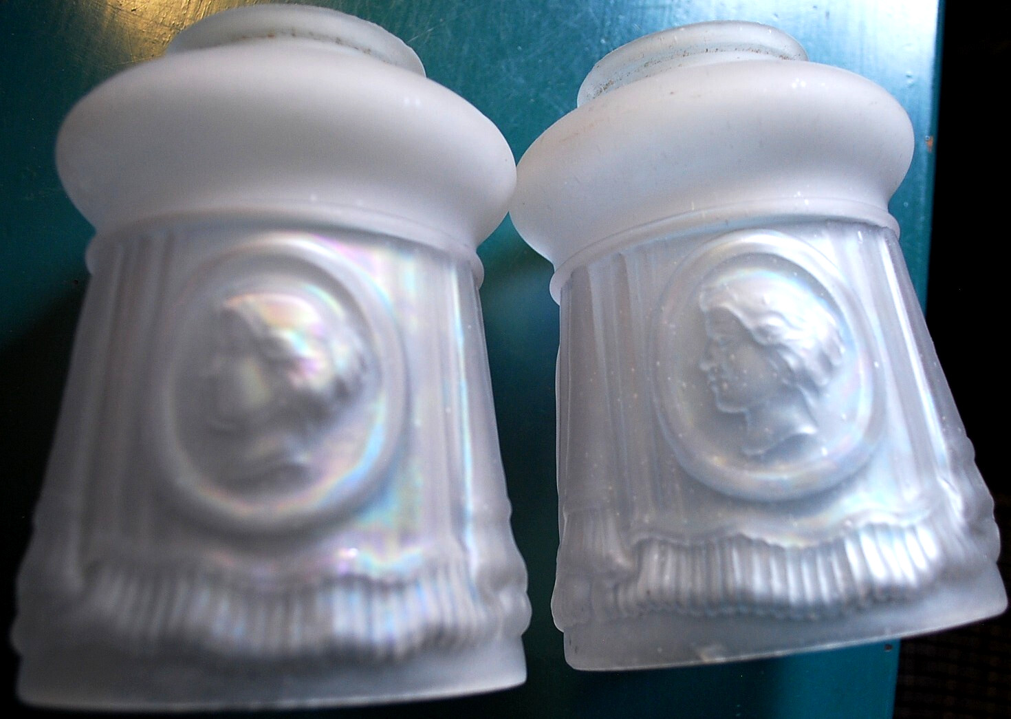 Set 2 Antique Victorian PRESSED IRIDESCENT GLASS Lamp Shades 1870s WOMAN\'S HEAD