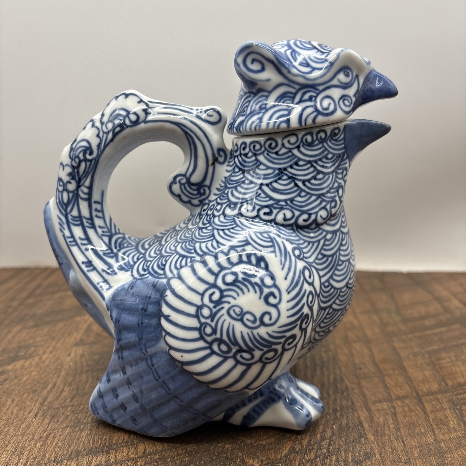 Vintage oriental Harpa  bird blue DElph style teapot