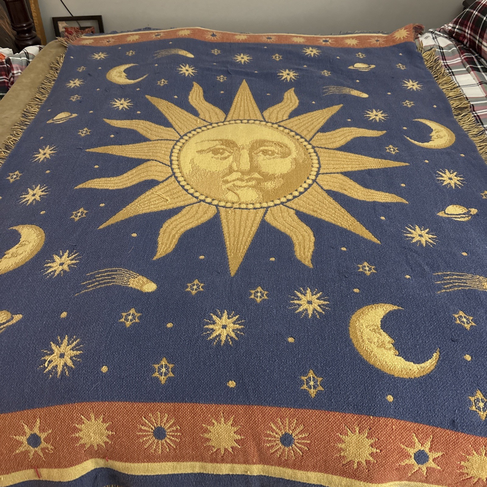 VINTAGE 1990's Sun Moon Stars CELESTIAL Blue Gold 46X68 TAPESTRY Throw Blanket