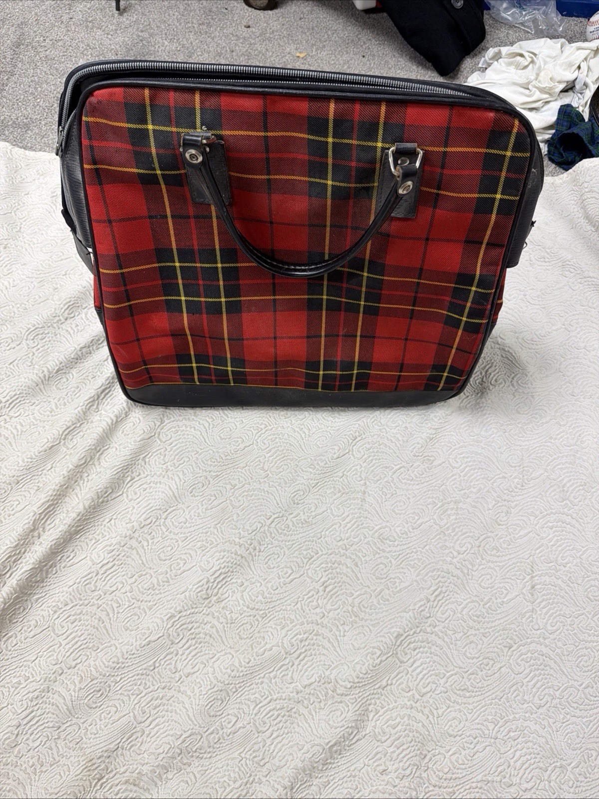 VIntage 1960s Vibrant Classic Red Tartan Plaid Canvas Suitcase Luggage
