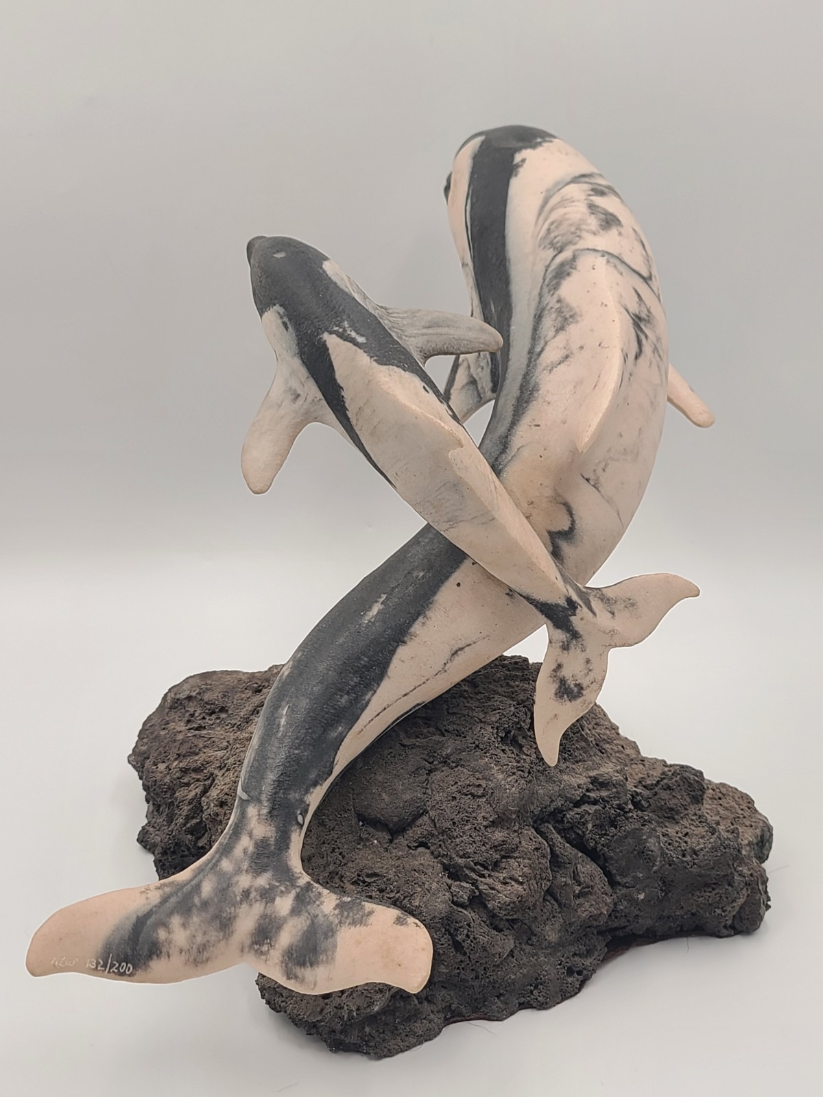 Rare Large Signed NLW Ltd Edition Stone Dolphin Sculpture 132/200 on Lava Base Rare Large Signed NLW Ltd Edition Stone Dolphin Sculpture 132/200 on Lava Base