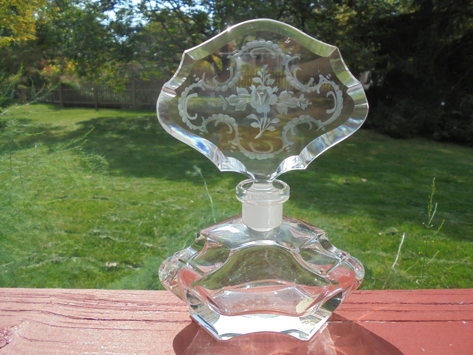 Antique Vintage Irice Cut Etched Glass Perfume Bottle Lg Stopper w Rose 6 1/2\ Antique Vintage Irice Cut Etched Glass Perfume Bottle Lg Stopper w Rose 6 1/2\