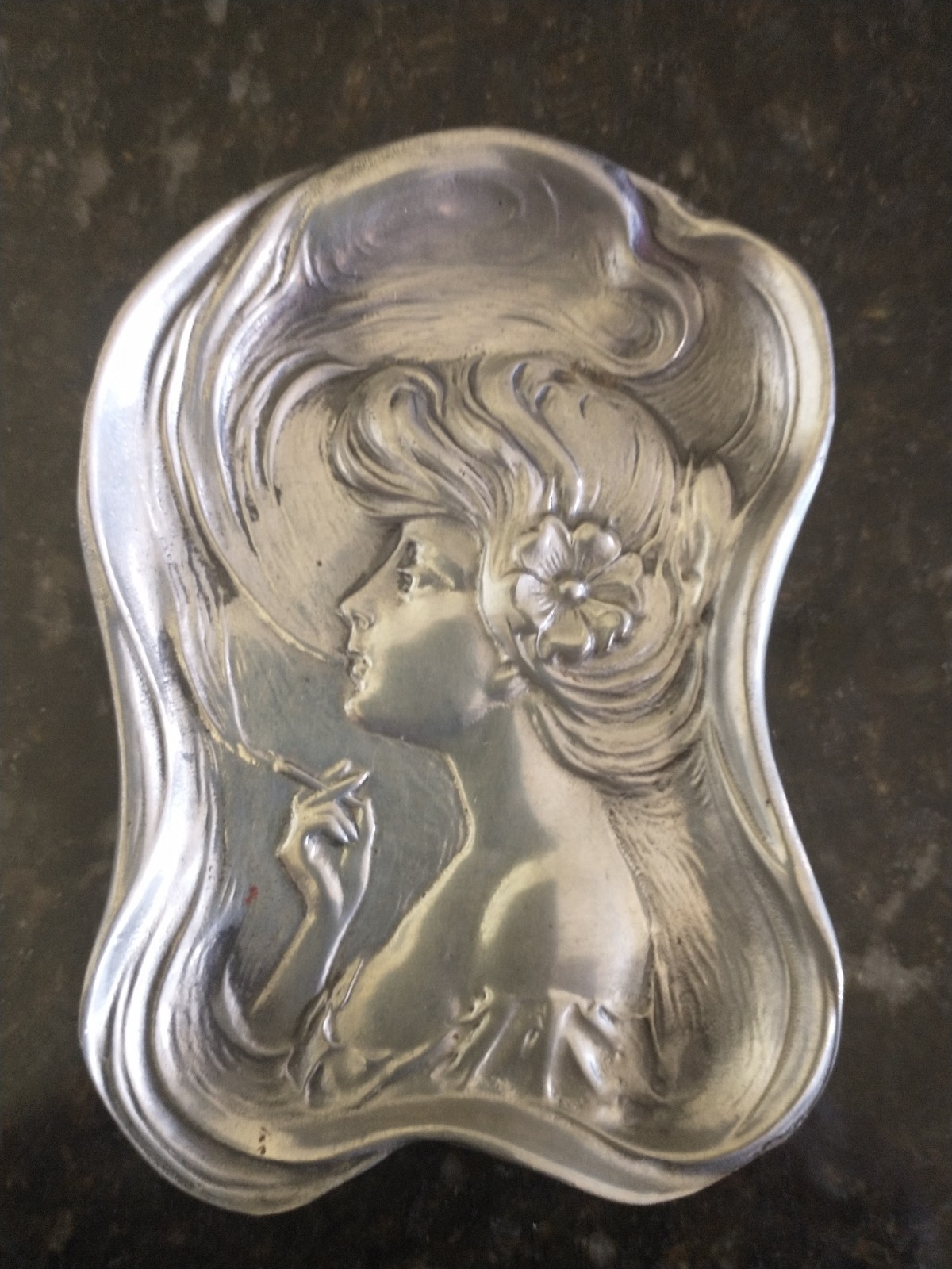 Vintage Art Nouveau Smoking Lady Vanity Tray Hudson Pewter Catchall