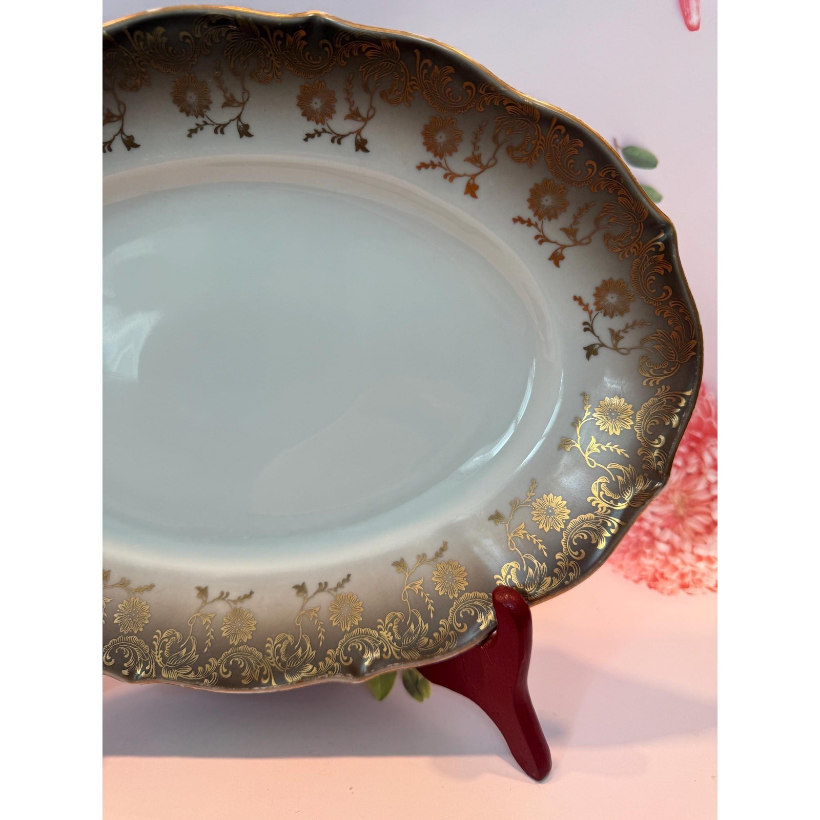 Vintage Eberthal Serving Platter Oval W. Germany Porcelain Gold & Black Floral