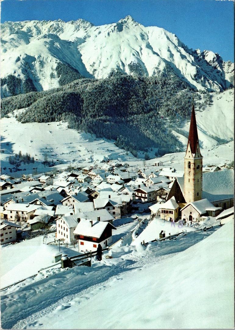 Vintage Winter Nauders in Tyrol, Austria- Church, Street, Cemetery Postcard