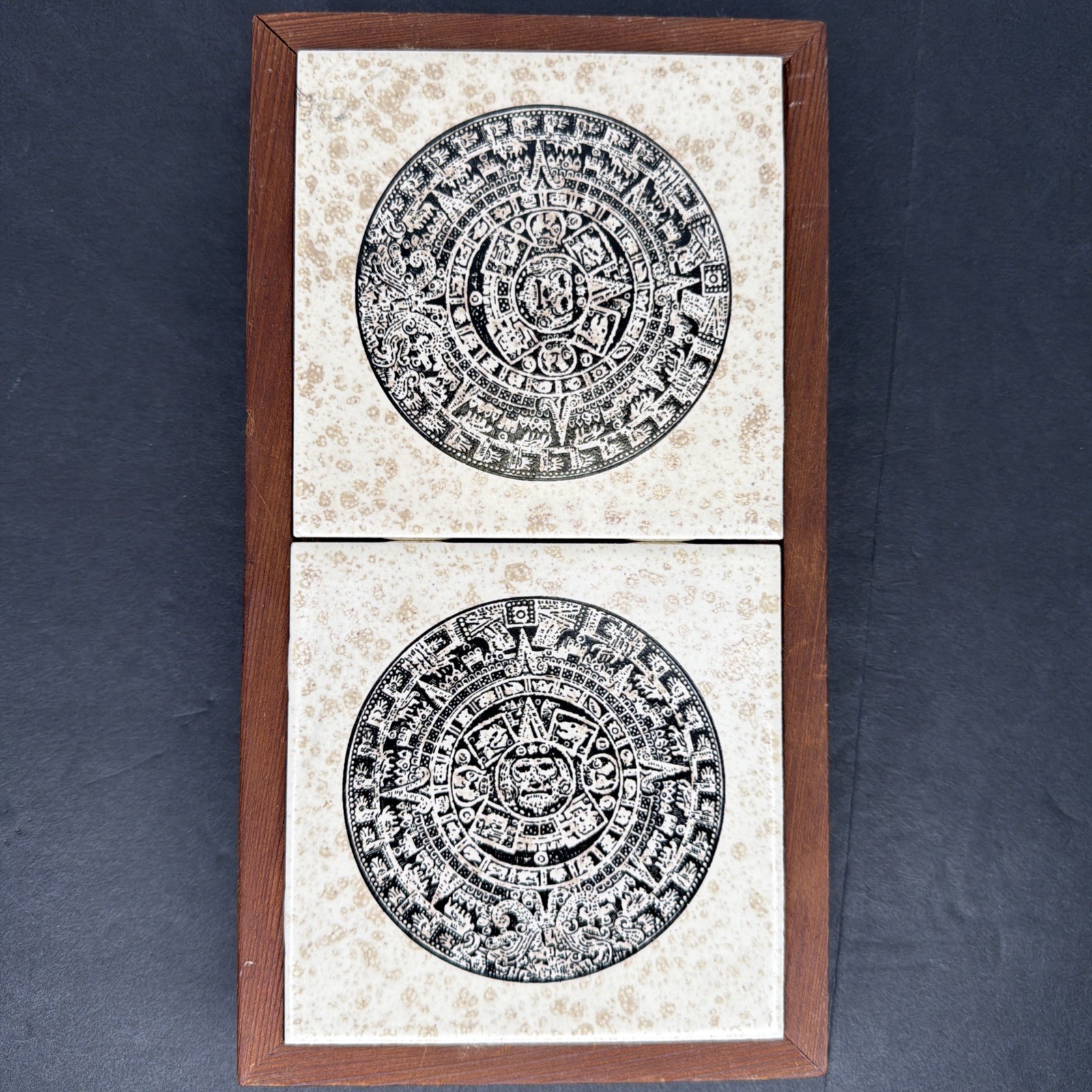 Aztec Calendar Tile Trivet Hot Plate Wood Frame Stand Mexican Folk Art