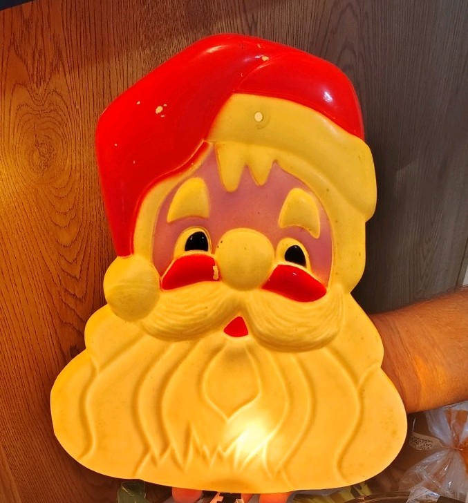 Set Of Two Vintage Lighted Plastic Blow Mold Santa Face Decoration. 1960s. Set Of Two Vintage Lighted Plastic Blow Mold Santa Face Decoration. 1960s.