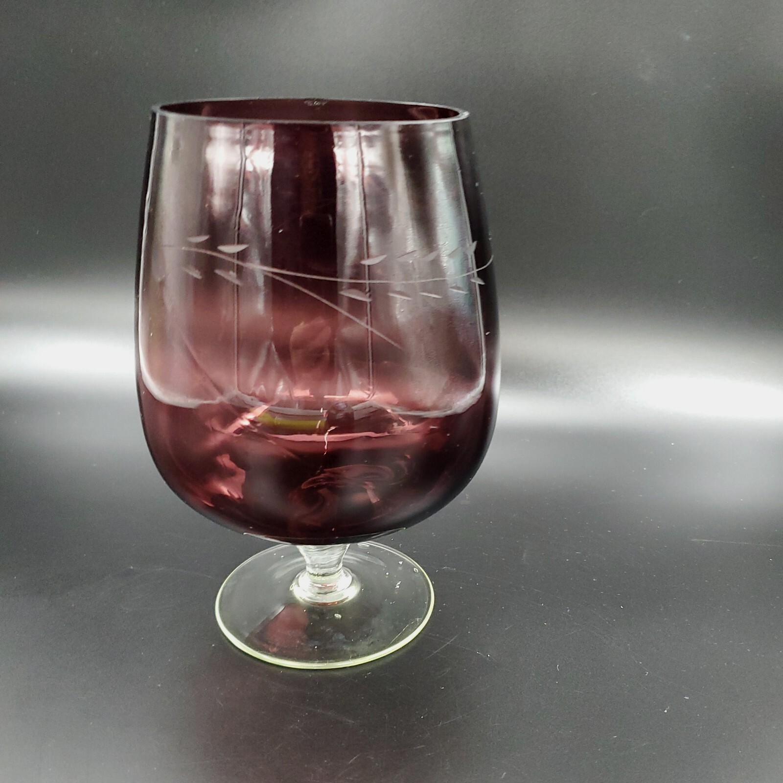 Hand Blown Floral Etched Glass Amethyst Brandy Snifter Goblet Vase