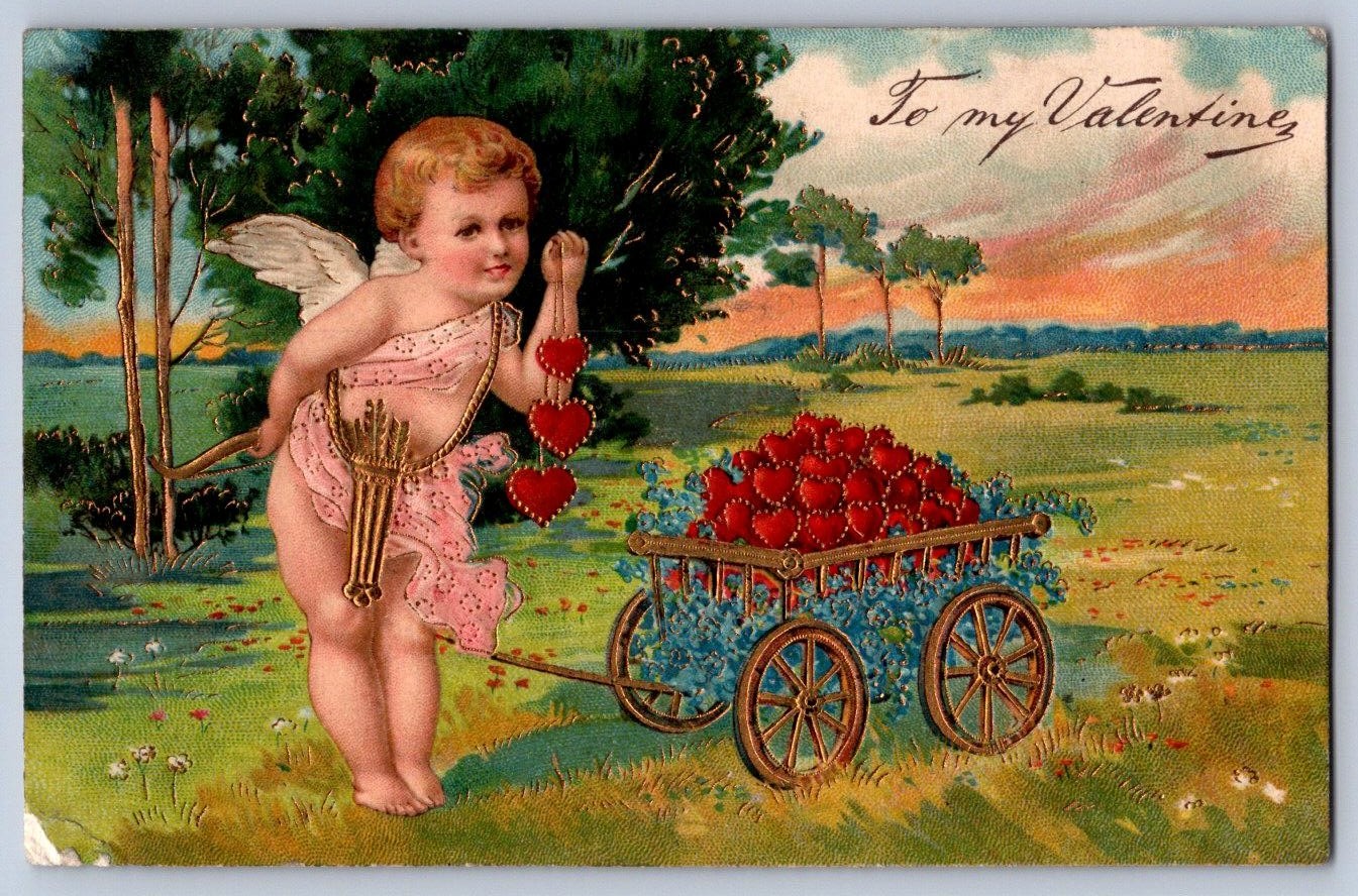 K61/ Valentine's Day Love Holiday Postcard c1910 Cupid Gold-Lined Wagon 143