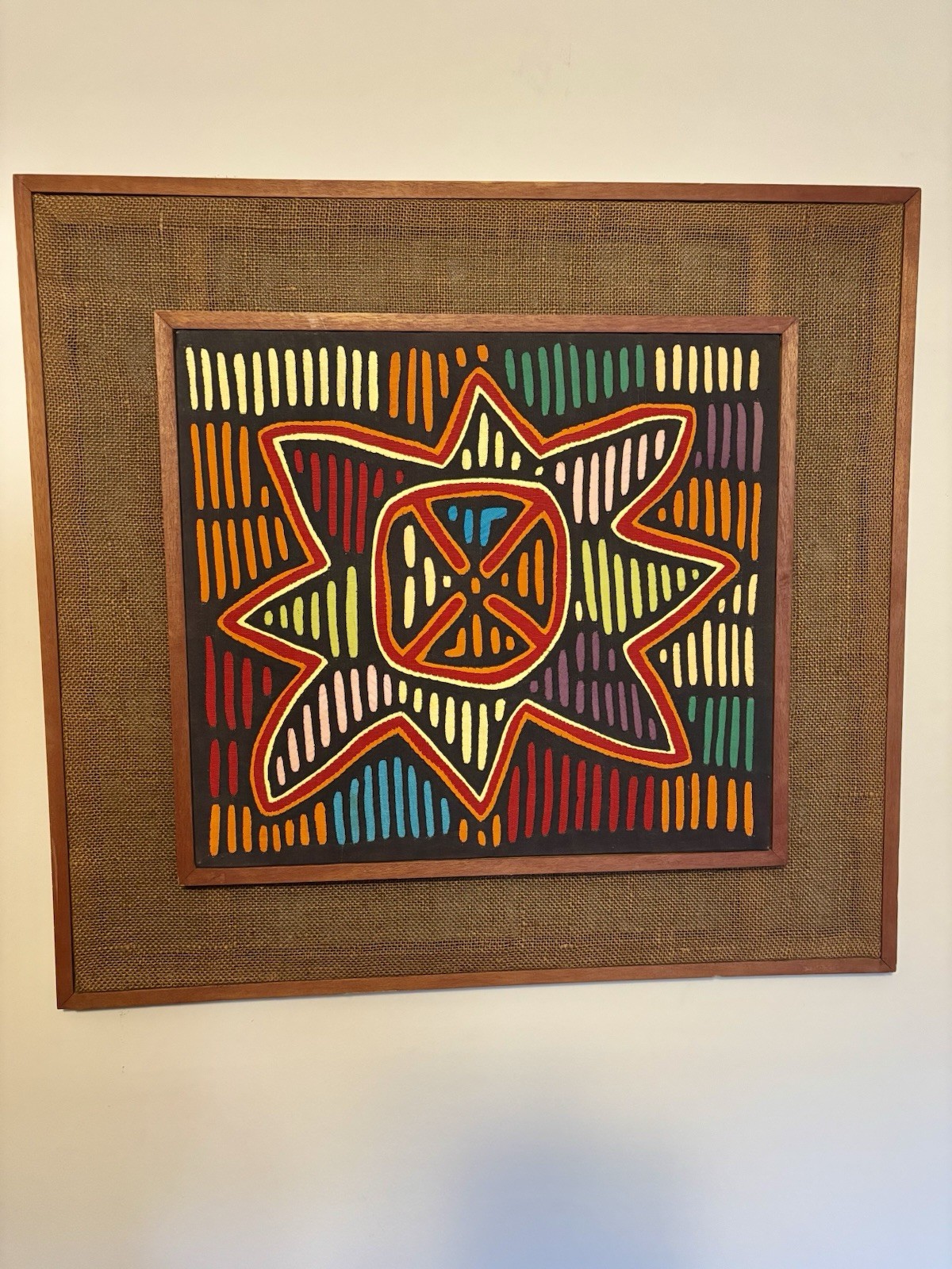 Vintage Kuna Mola Textile Art Framed Hand-Stitched Reverse Appliqué 27x25 1960's