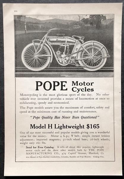 1913 Pope Motorcycle print AD “Riding a Pope Motorcycle is Glorious Sport\
