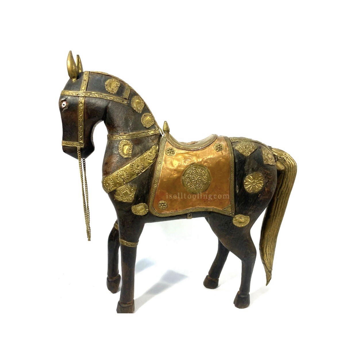 Wooden Brass Inlay Gold And Brown Horse