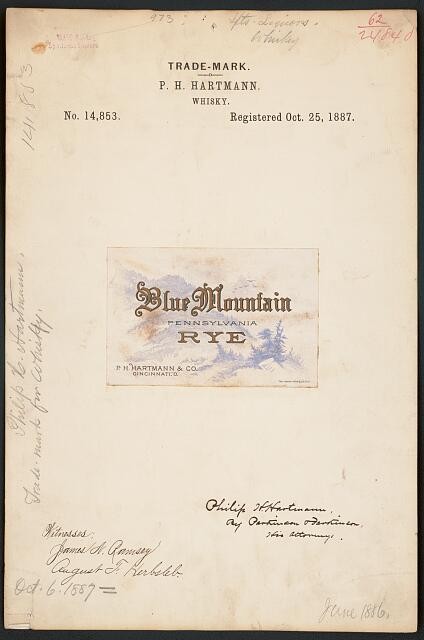 Photo:P H Hartmann Blue Mountain Pennsylvania Rye Whisky Trademark 1887
