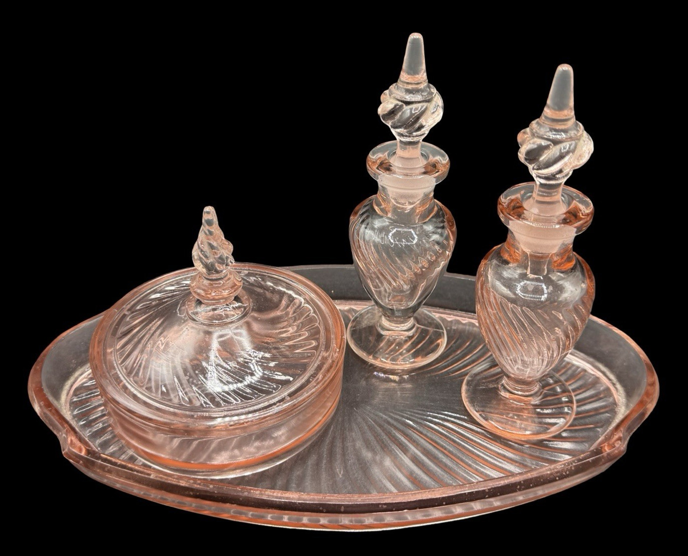 Vintage Tiffin Depression Glass Milady Pink Vanity Set Tray Powder Bottles Vintage Tiffin Depression Glass Milady Pink Vanity Set Tray Powder Bottles