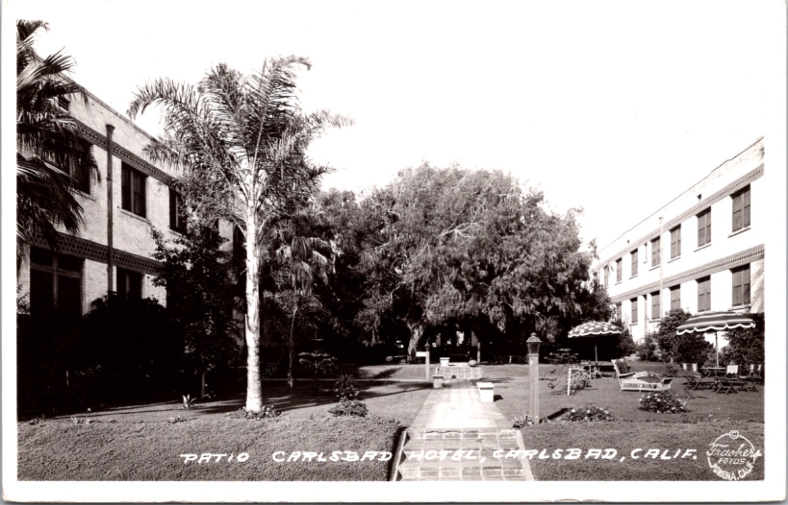 Frashers Fotos Real Photo Postcard Patio at Carlsbad Hotel Carlsbad, California