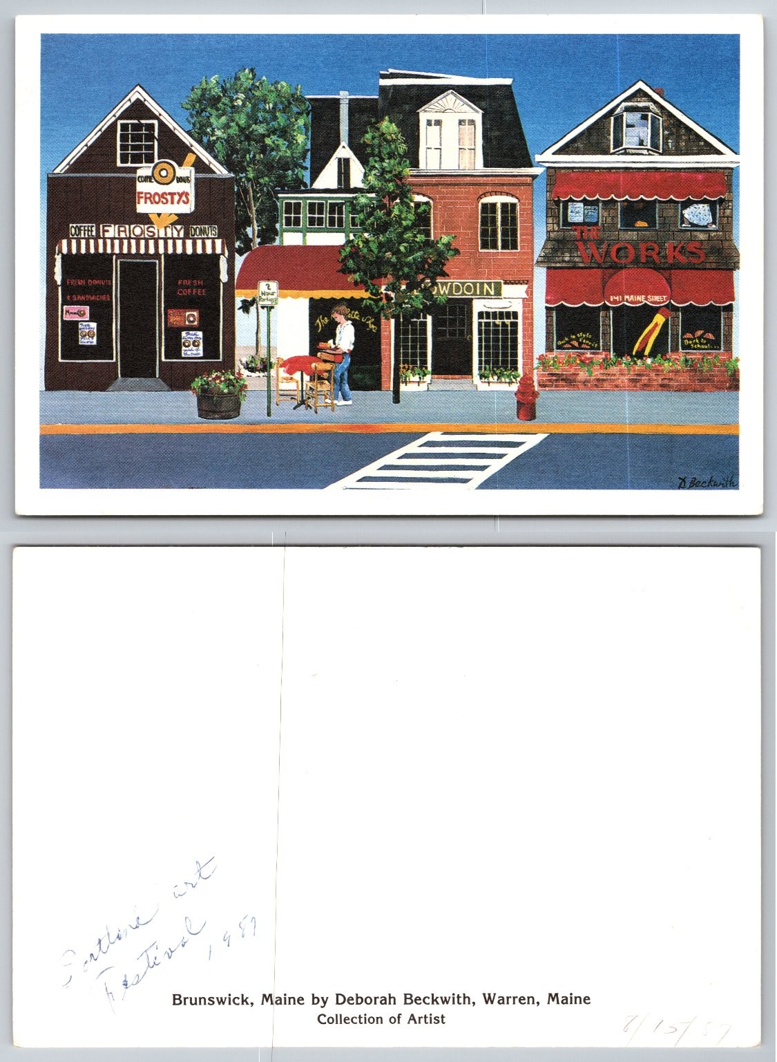 Brunswick Maine Street Scene D. Beckwith Art Postcard Frosty\'s The Works 1989