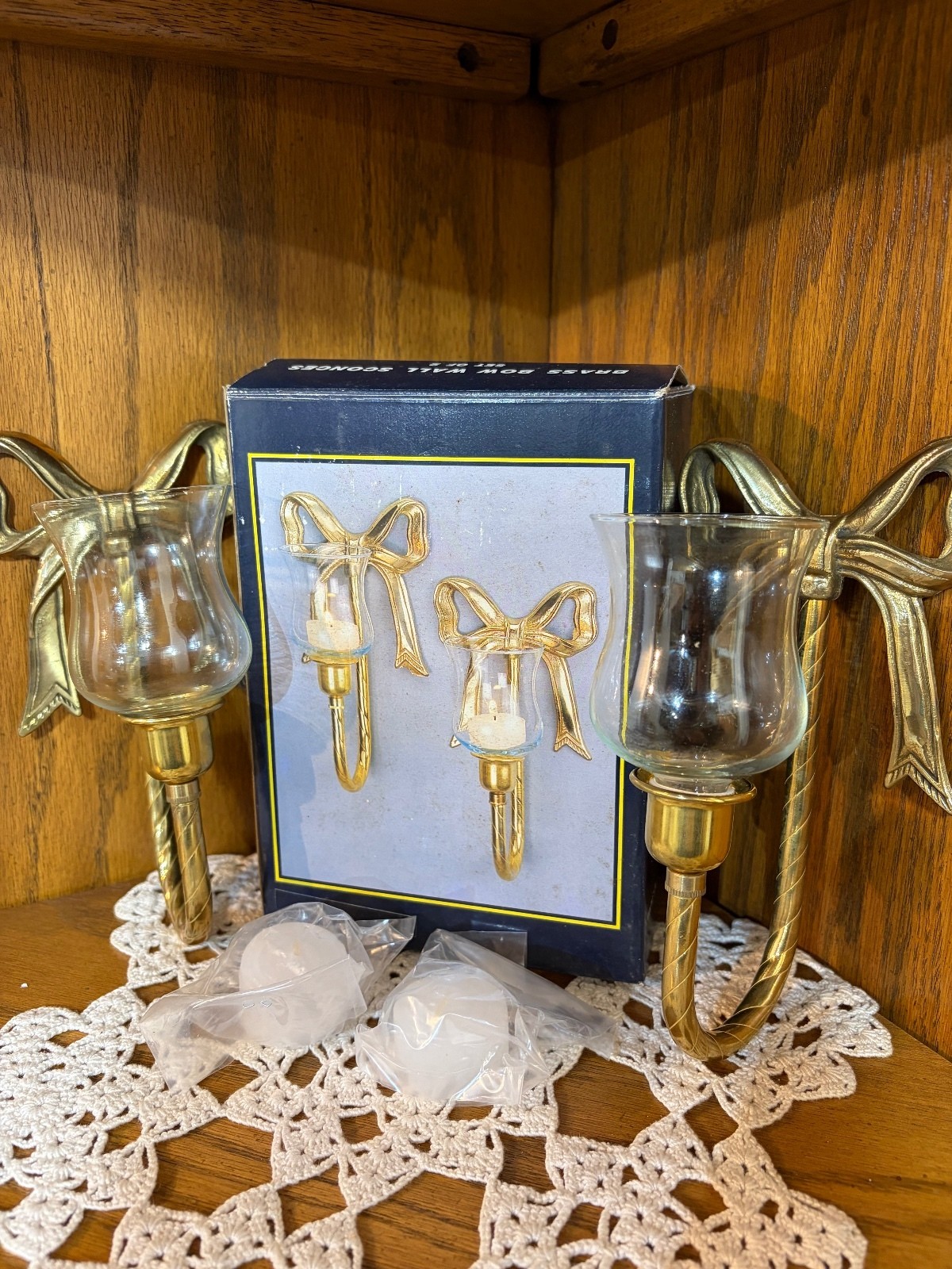 NOS Vintage Brass Bow Ribbon Wall Sconces Pair In Box Glass Candle Holders