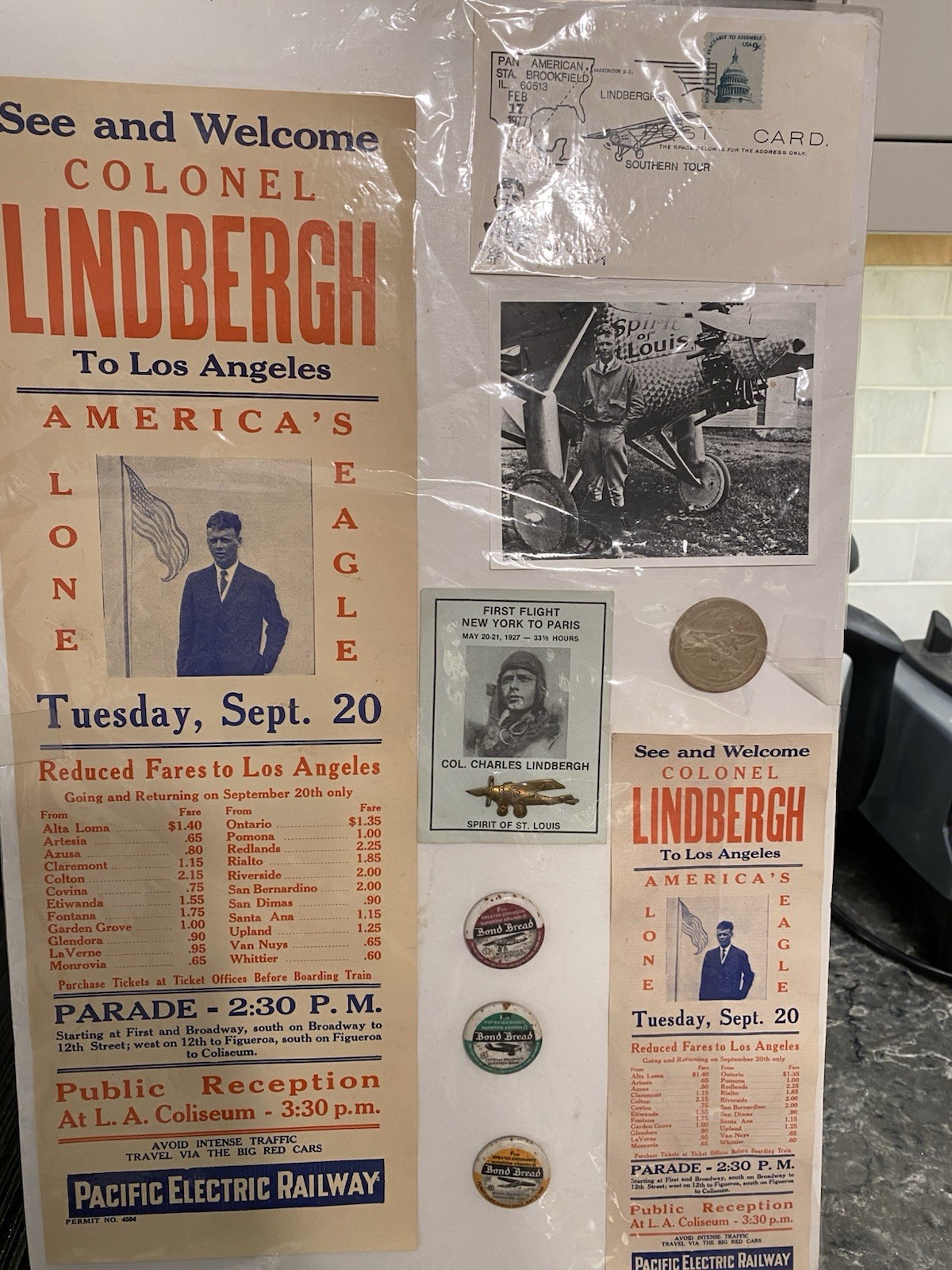Charles Lindbergh Memorabilia- 2 Pacific RR Posters, 3Bond Bread Pins, More Charles Lindbergh Memorabilia- 2 Pacific RR Posters, 3Bond Bread Pins, More