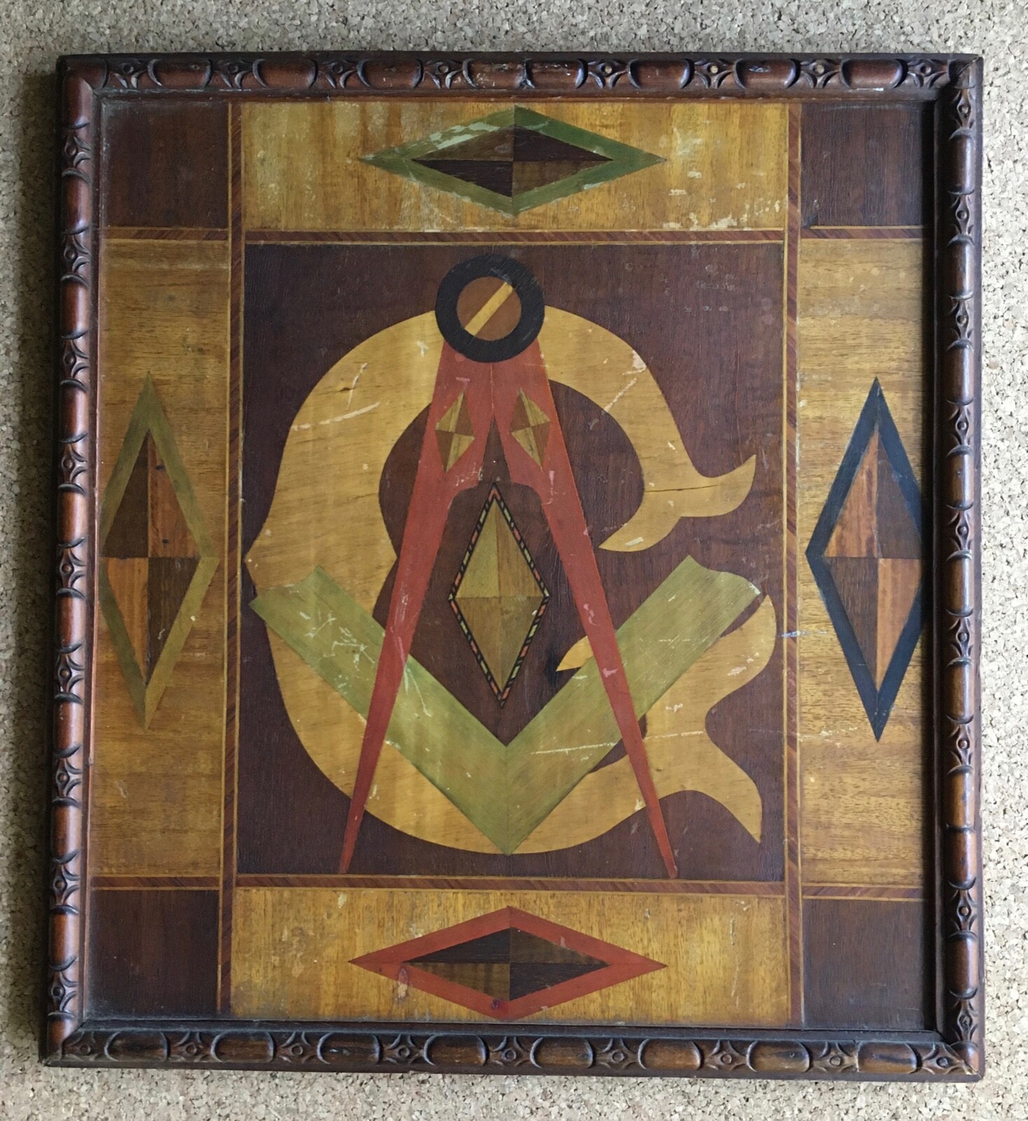 Vintage Masonic Freemason Square and Compasses Marquetry Wood Inlay Sign Vintage Masonic Freemason Square and Compasses Marquetry Wood Inlay Sign